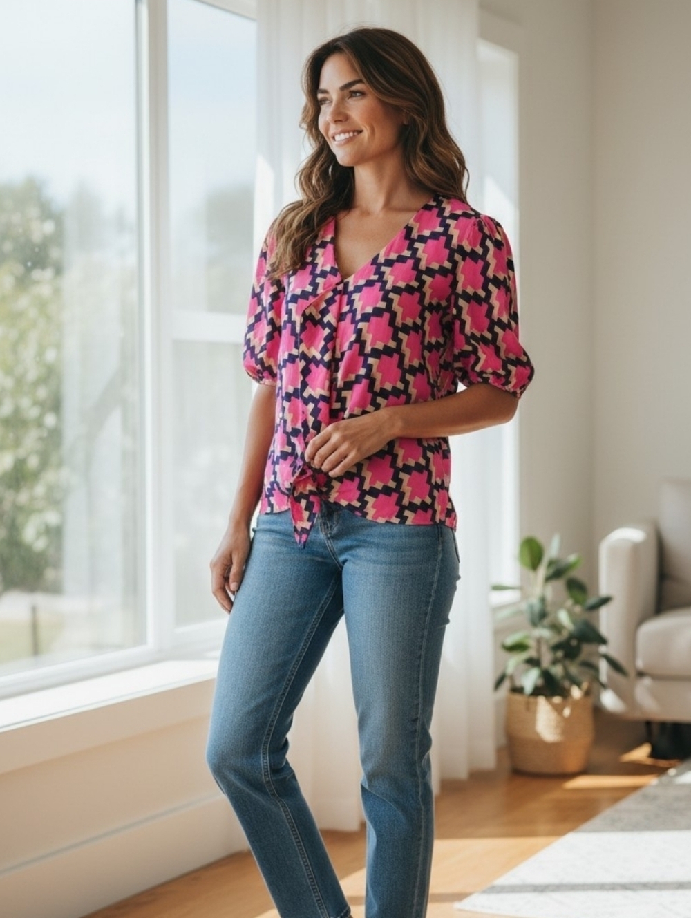 Cynthia Rowley Pink Geometric Print Blouse S